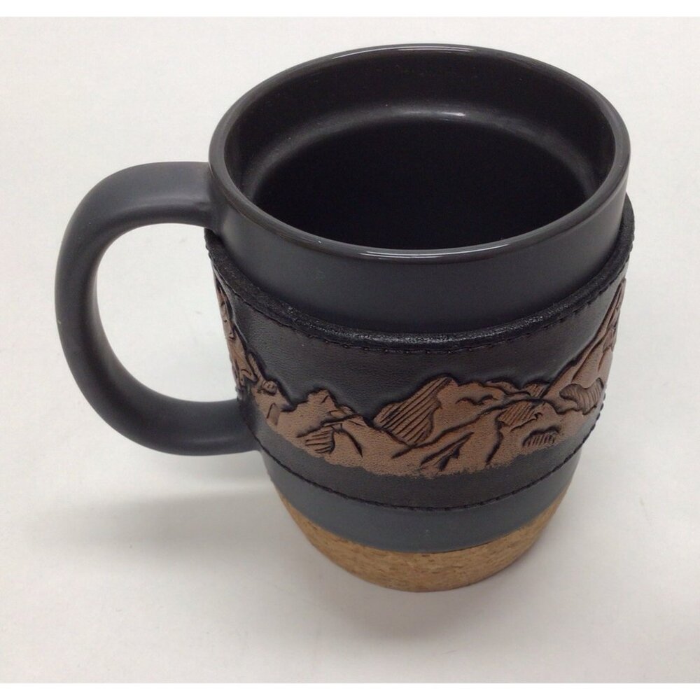 Dowan Coffee Mug 15 OZ Ceramic Cork Removable Leather Tooled Wrap NEW Mountains